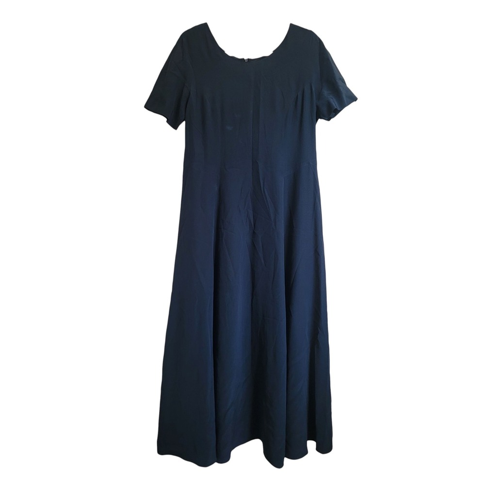 J. Peterman Navy Blue 100% Silk A-Line Short Sleeve Modest Maxi‎ Dress Size 10